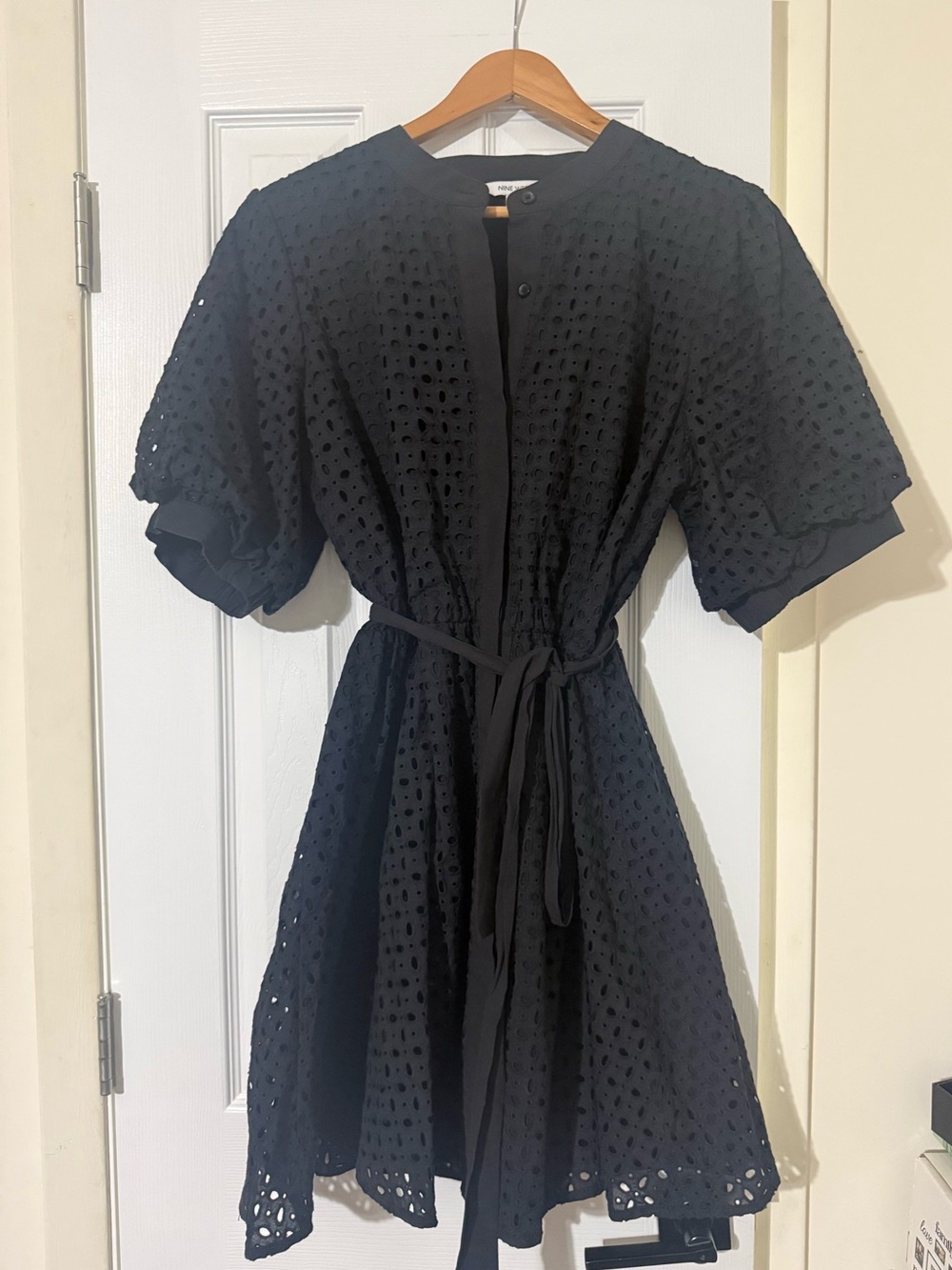 Nine West Black Eyelet Tie-Waist Midi Dress